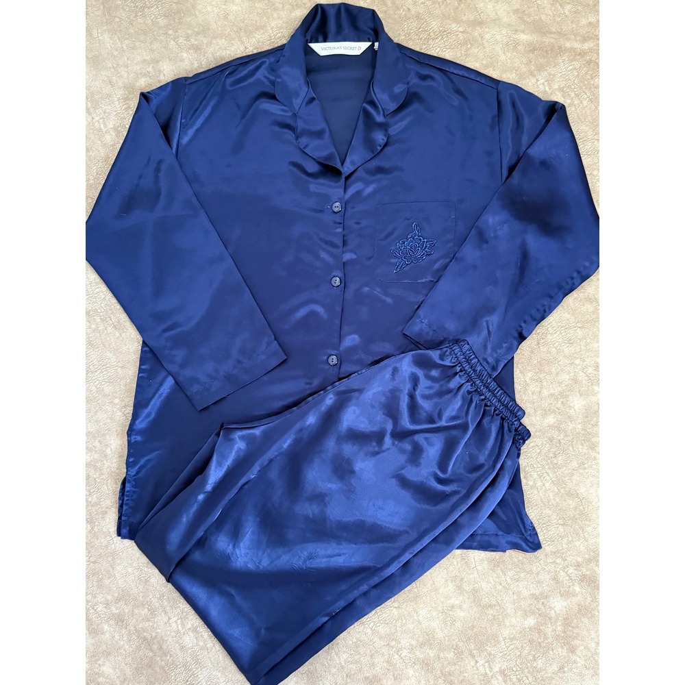 Vintage Victoria’s Secret Satin Pajama Set Navy Blue Embroidered Rose Button Up